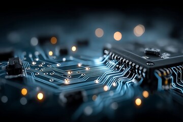 Sticker - a computer chip is shown with a blue background and a lot of lights. digital background concept.