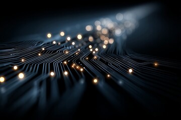 Sticker - a black and white image of a circuit board with many small glowing dots. digital background concept.