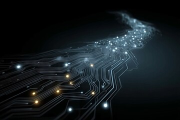 Wall Mural - a long line of computer chips with yellow and blue lights. digital background concept.