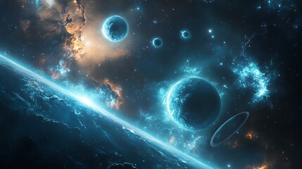 Wall Mural - Stunning celestial landscape vibrant blue planets glowing nebula cosmic scene galactic exploration