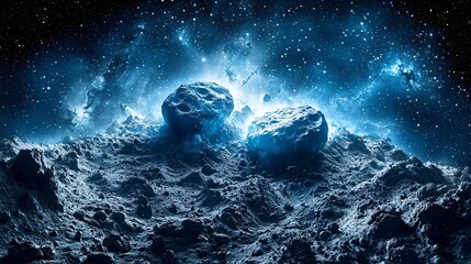 Wall Mural - a rocky mountain silhouetted against the cosmic background with a starry night sky and a soft ambien