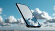 ©  BG stock - floating mockup smartphone with blank screen in front of soft cloudy sky background, high-key lighting, minimal futuristic design, isolated subject with clean white accents