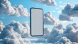 ©  BG stock - floating mockup smartphone with blank screen in front of soft cloudy sky background, high-key lighting, minimal futuristic design, isolated subject with clean white accents