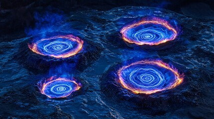 Wall Mural - striking fire positioned in the center of a rock formation surrounded by energetic fields and dreaml