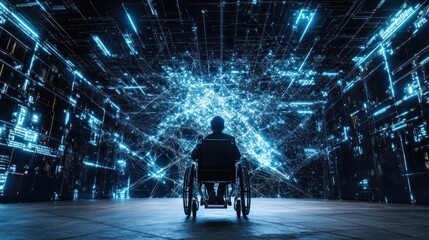 a wheelchair user immersed in a glowing network of digital infor