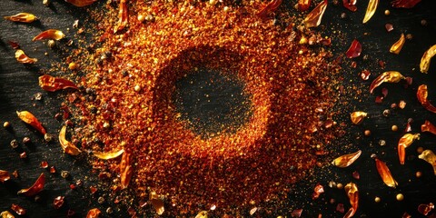Wall Mural - top view of spicy red seasoning flakes encircling finely milled paprika powder.