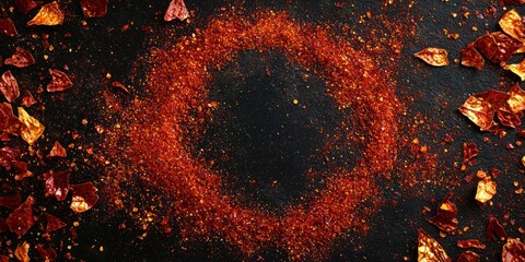 Wall Mural - top view of spicy red seasoning flakes encircling finely milled paprika powder.