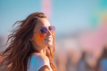 Wall Mural - diverse individual enjoys summer festival surrounded by vibrant colors and energy background blurred
