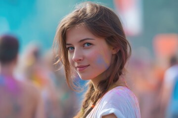 Wall Mural - diverse individual enjoys summer festival surrounded by vibrant colors and energy background blurred