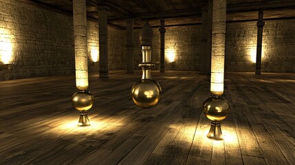Wall Mural - enigmatic room with wooden floor and surreal dreamlike elements bathed in ambient light creating a s