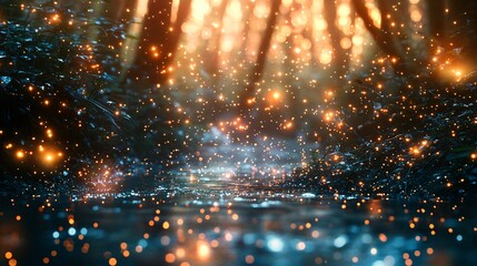 Wall Mural - mystical dark forest illuminated by bright lights creating a surreal dreamlike environment of enchan