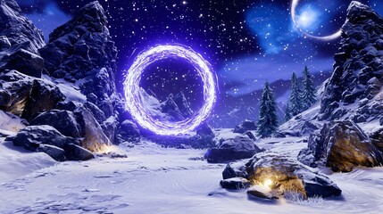 Wall Mural - enchanting snowy landscape featuring a circle of light creating a dreamlike and surreal atmosphere o