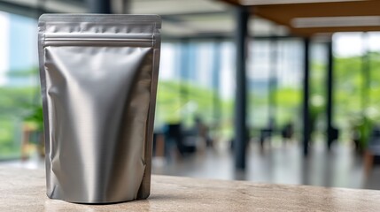Poster - Close-up view of a metallic packaging bag on a marble countertop illuminated by natural morning light, creating a serene and clean atmosphere with ample copy space