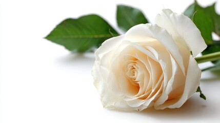 Aufkleber - A soft white rose rests mid-fall against a bright white background, creating a striking contrast