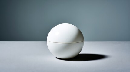 Fototapete - A matte white sphere is placed on a smooth gray surface, illuminated by bright lighting that creates a defined shadow, with blank space on one side