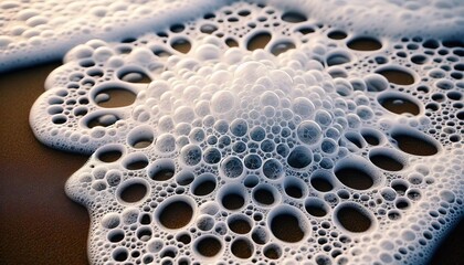 Wall Mural - close up of ocean foam patterns on sandy beach white lacy bubble
