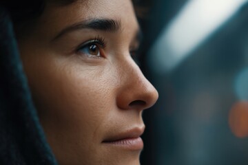 Wall Mural - person on public transportation face in focus background blurred evokes moment of reflection