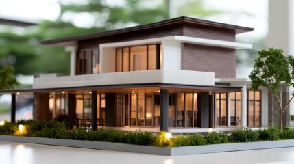 Fototapete - Contemporary villa model showcases modern architecture, surrounded by vibrant green shrubs on a pristine surface, ideal for architectural visuals with copy space