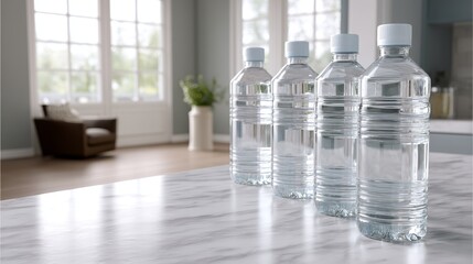 Aufkleber - Several crystal-clear glass water bottles are neatly aligned on a polished marble countertop, gently illuminated by soft natural light, creating an inviting atmosphere