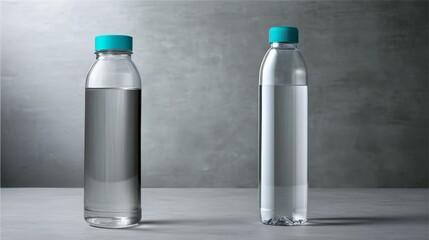 Aufkleber - Transparent plastic bottle with a teal cap placed on a soft gray textured surface under diffused studio lighting, allowing for creative design opportunities