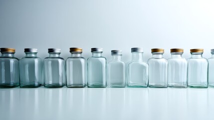 Aufkleber - A lineup of transparent glass water bottles with simple caps is arranged symmetrically on a white backdrop, creating a clean and minimalist aesthetic