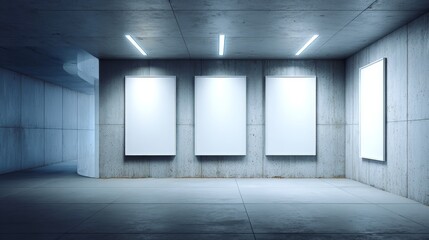 Poster - Three empty white picture frames are mounted in a minimalist gallery space on a textured gray wall, softly lit for an art display, allowing viewer imagination