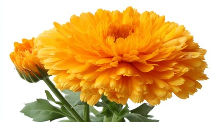 Poster - A single vibrant orange marigold bloom is displayed against a clean white backdrop, showcasing its bold petals and natural elegance