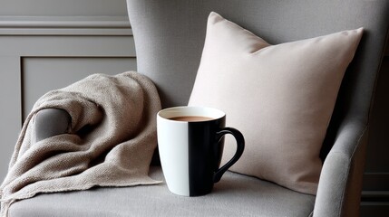 Aufkleber - A cushioned chair supports a soft taupe blanket and a steaming mug, all illuminated by warm sunlight, evoking a sense of comfort and relaxation