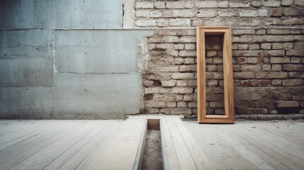 Poster - A blank wooden frame leans against a textured, weathered brick wall, creating an artistic ambiance with ample copy space for creative use