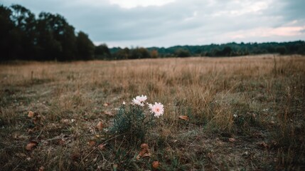 Poster - A single pale pink daisy rises from a golden meadow at dusk, bathed in soft light that offers a serene atmosphere, inviting reflection and tranquility