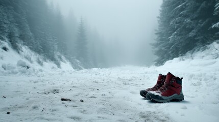 Aufkleber - A pair of red boots stand firmly in freshly fallen snow, surrounded by a serene winter landscape with soft trees and a misty atmosphere