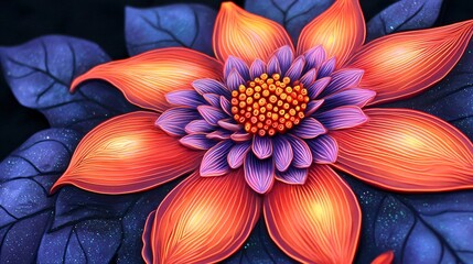 Wall Mural - a beautiful flower with lush leaves set against an abstract colorful background featuring zen patter