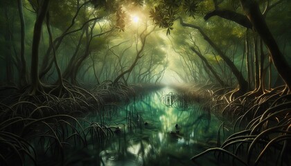 Wall Mural - mangrove lagoon calm shallow water weaving through tangled mangr