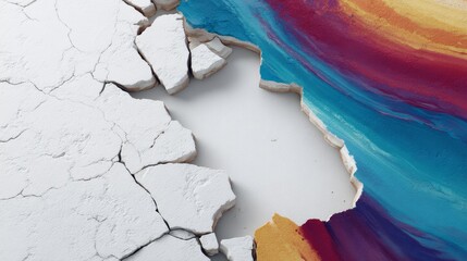 Aufkleber - Close-up view of vibrant 3D graffiti displaying colorful, swirling patterns on a cracked white plaster surface, emphasizing an urban minimalism aesthetic