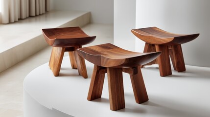 Poster - This wooden stool showcases a sleek curved seat and unique three-legged design, beautifully displayed against a pristine white background with ample copy space