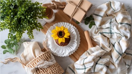 Leinwandbilder - A vibrant sunflower is elegantly positioned on a white ceramic plate, surrounded by minimalistic styling elements that invite a clean, fresh aesthetic