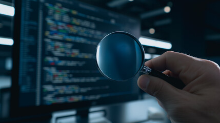 Wall Mural - code inspection: a hand holding a magnifying glass examines lines of code on a computer screen, high