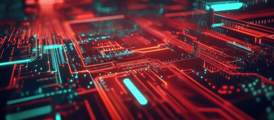 illuminated circuit board texture with glowing red and blue line
