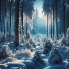 Wall Mural - snowy forest with pine trees a dense forest of pine trees blanke