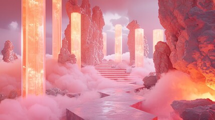 Wall Mural - a surreal landscape featuring a majestic stairway ascending towards a mountain enveloped in atmosphe
