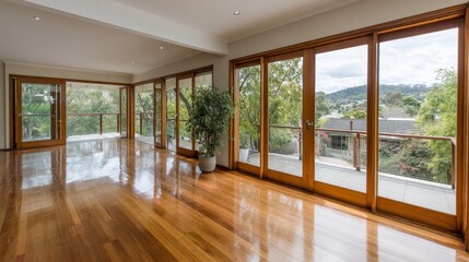 Aufkleber - Glass sliding door reveals a lush garden with gentle hills, inviting natural light into the space, creating a peaceful and warm environment