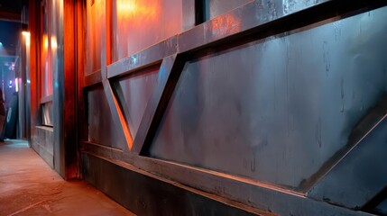 Fototapete - Textured metallic wall features angular shapes illuminated by soft amber light, creating an industrial aesthetic