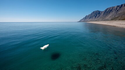 Aufkleber - A solitary ice floe floats calmly in the clear blue waters, framed by majestic mountains and a glacier backdrop under soft light, creating a tranquil atmosphere