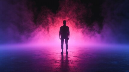 Wall Mural - striking image of a man standing in a fog-filled room highlighted by color contrast and volumetric l