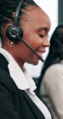 Aufkleber - Business, call center or woman in office, talking or telemarketing with mic, help desk or questions. Person, employee or agent in workplace, contact us or consulting with advice with friendly service