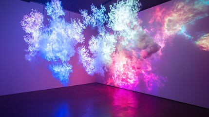 Wall Mural - vibrant room illuminated by a large wall of colorful lights creating stunning volumetric lighting an