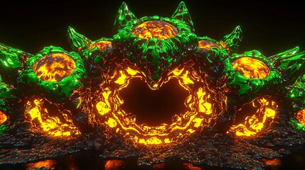 Wall Mural - glowing orange and green celestial object surrounded by cosmic tunnel flares creating a dramatic ene