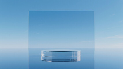 Wall Mural - minimalist glass podium against a clear blue sky