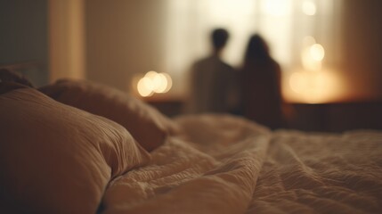 Wall Mural - warm and inviting bedroom scene with blurred figures in background exuding comfort and simplicity