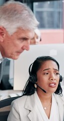 Aufkleber - Business, call center and woman with help, training or conversation with coaching. Person, employees or agent in workplace, teaching or advice with customer service, mentor or learning with questions